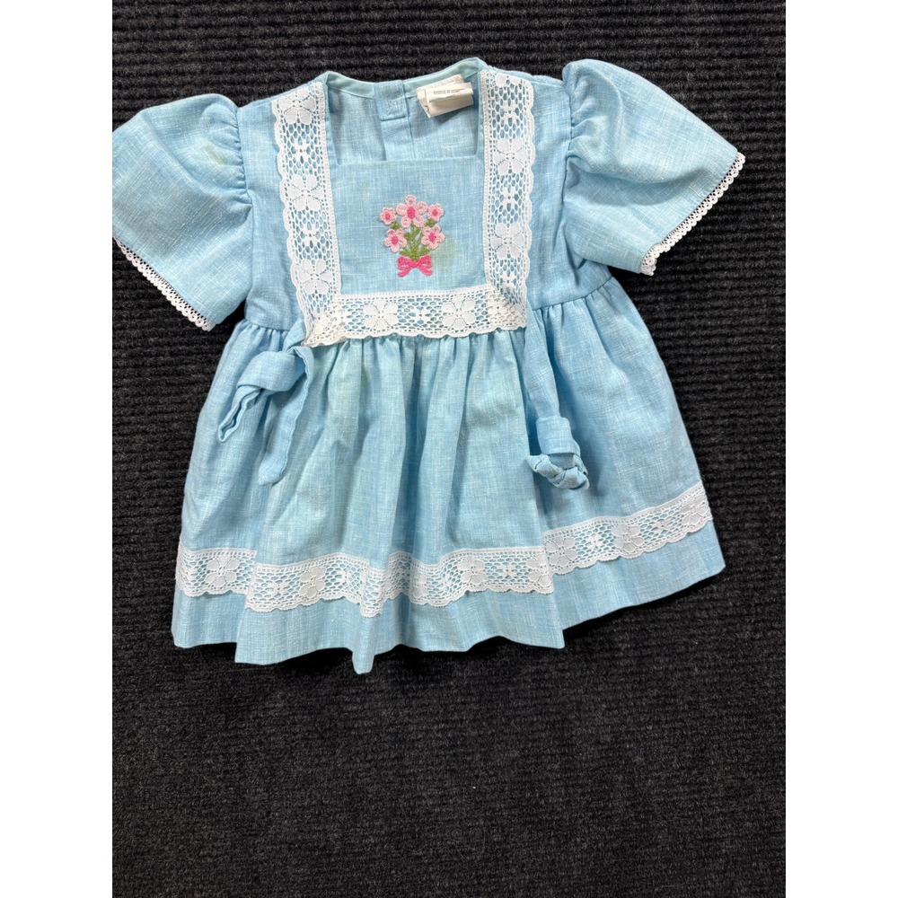 Vintage Nannette Baby Dress 1T Light Blue Lace Floral Embroidery Made in USA